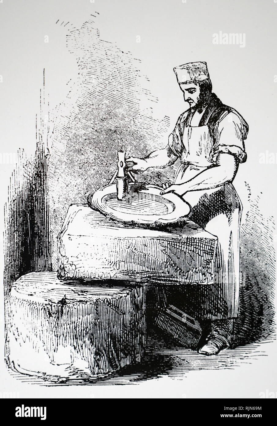 Illustration montrant la plaque d'argent : Brazier façonner un morceau de cuivre/nickel/alliage de zinc, ce qui finira par être dépôt électrolytique avec de l'argent. Les œuvres de Elkington, Birmingham 1844 Banque D'Images