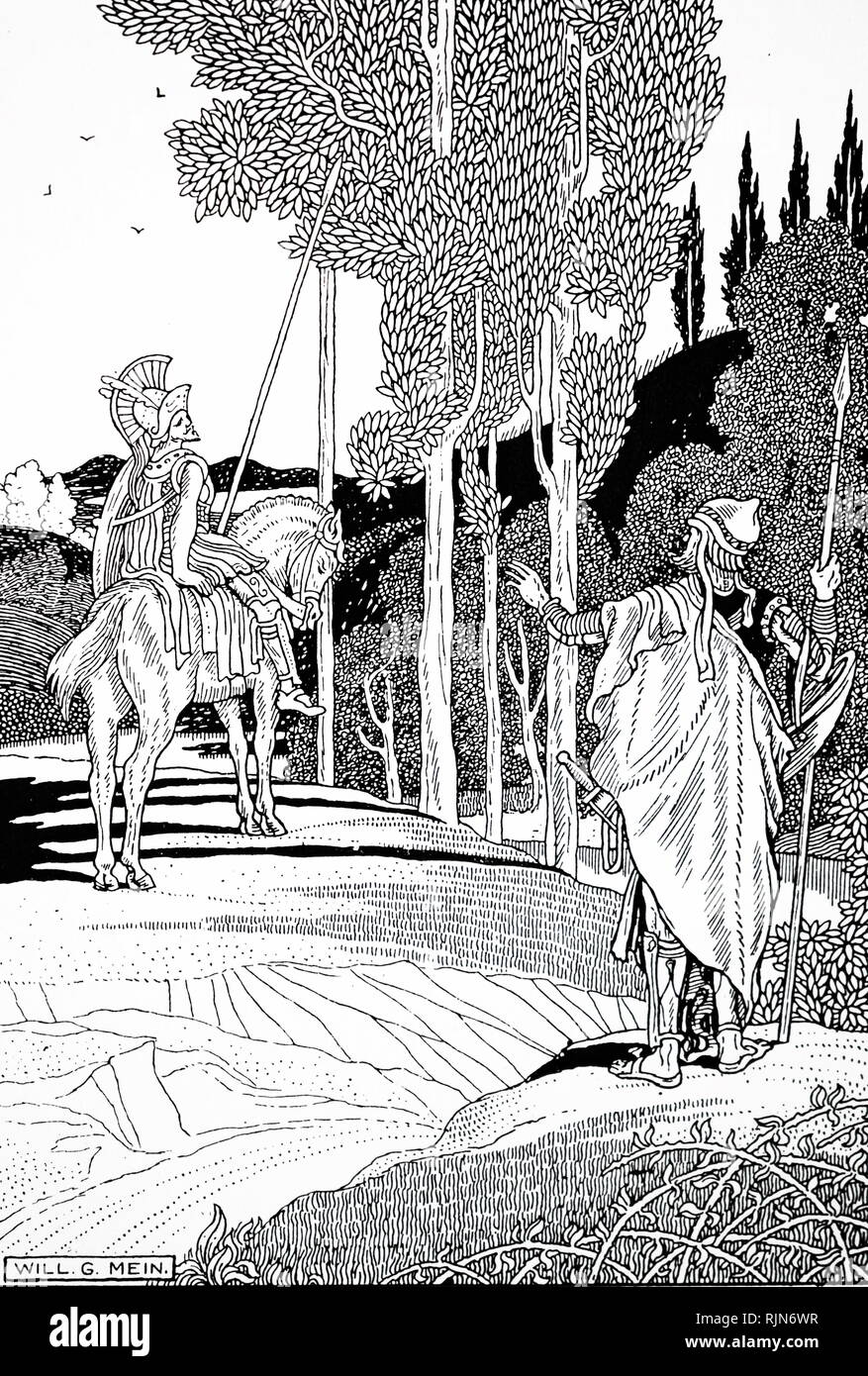 Général spartiate Agis répondant à l'attention de l'un de ses anciens combattants à freiner son impétuosité, met fin à l'attaque de l'Argives. Guerre du Péloponnèse (deuxième, ou grande) 431-404 BC entre Athènes et Sparte. Illustration par W. Gordon Mein 1910 Banque D'Images