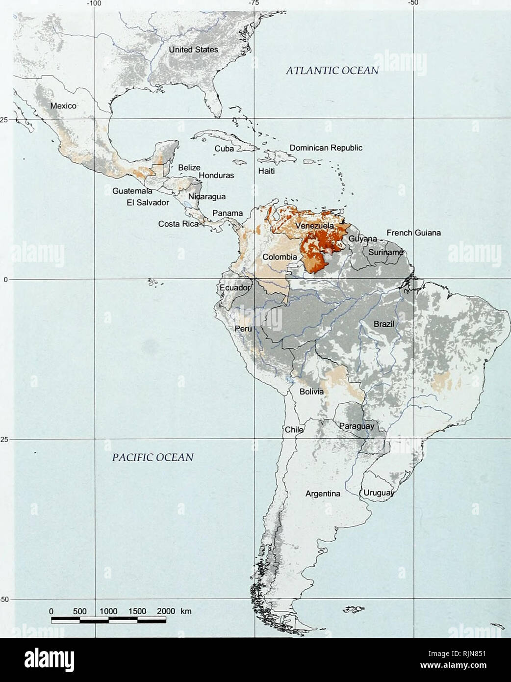 . La biodiversité en bambou : Afrique, Madagascar et les Amériques. Bambou bambou ; Biodiversité ; ; Biodiversité ; Bamboe ; Rotan ; Biodiversiteit ; Bambusgewa ?chse ; BAMBOU ; diversité biologique ; LA CONSERVATION DE LA NATURE ; DES CARTES ; Afrique ; Madagascar ; Amériques. La biodiversité en bambou de l'OCÉAN ATLANTIQUE. Océan Pacifique 1000 1500 2000 km Map 3.8. Distribution potentielle des Rhipidocladum Nombre d'espèces 12 34 Le couvert forestier existant avec aucun enregistrement de Rhipidocladum. Veuillez noter que ces images sont extraites de la page numérisée des images qui peuvent avoir été retouchées numériquement pour plus de lisibilité - coloration et l'aspect de ces il Banque D'Images