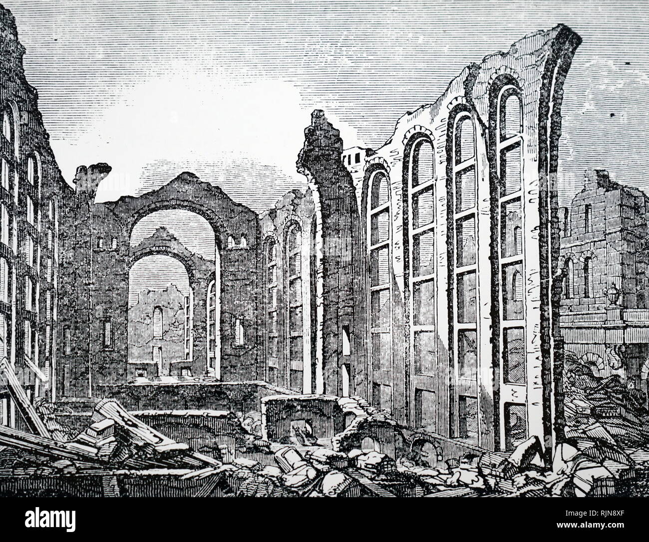 Une gravure représentant les ruines de l'Opéra, détruite par le séisme de Lisbonne de 1755. En date du 19e siècle Banque D'Images