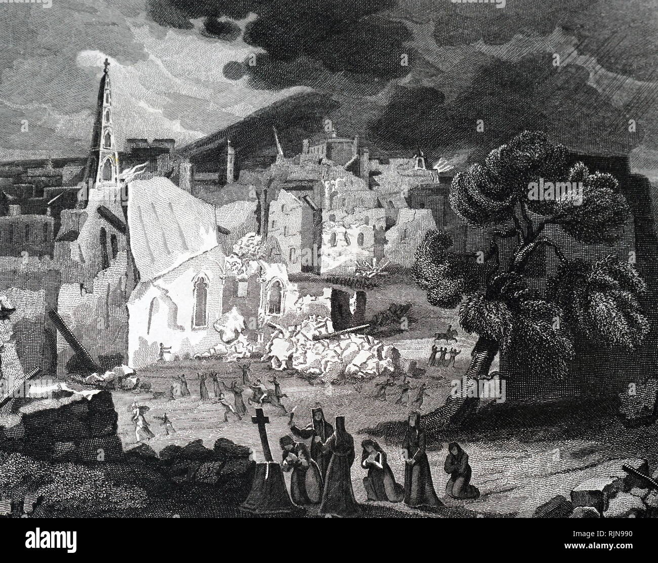 Une gravure représentant la destruction de Lisbonne par un séisme en 1755. En date du 18e siècle Banque D'Images