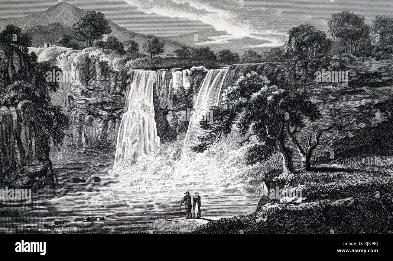 Une gravure représentant la Force élevée de cascades sur la Rivière Tees, dans le comté de Durham. En date du 19e siècle Banque D'Images