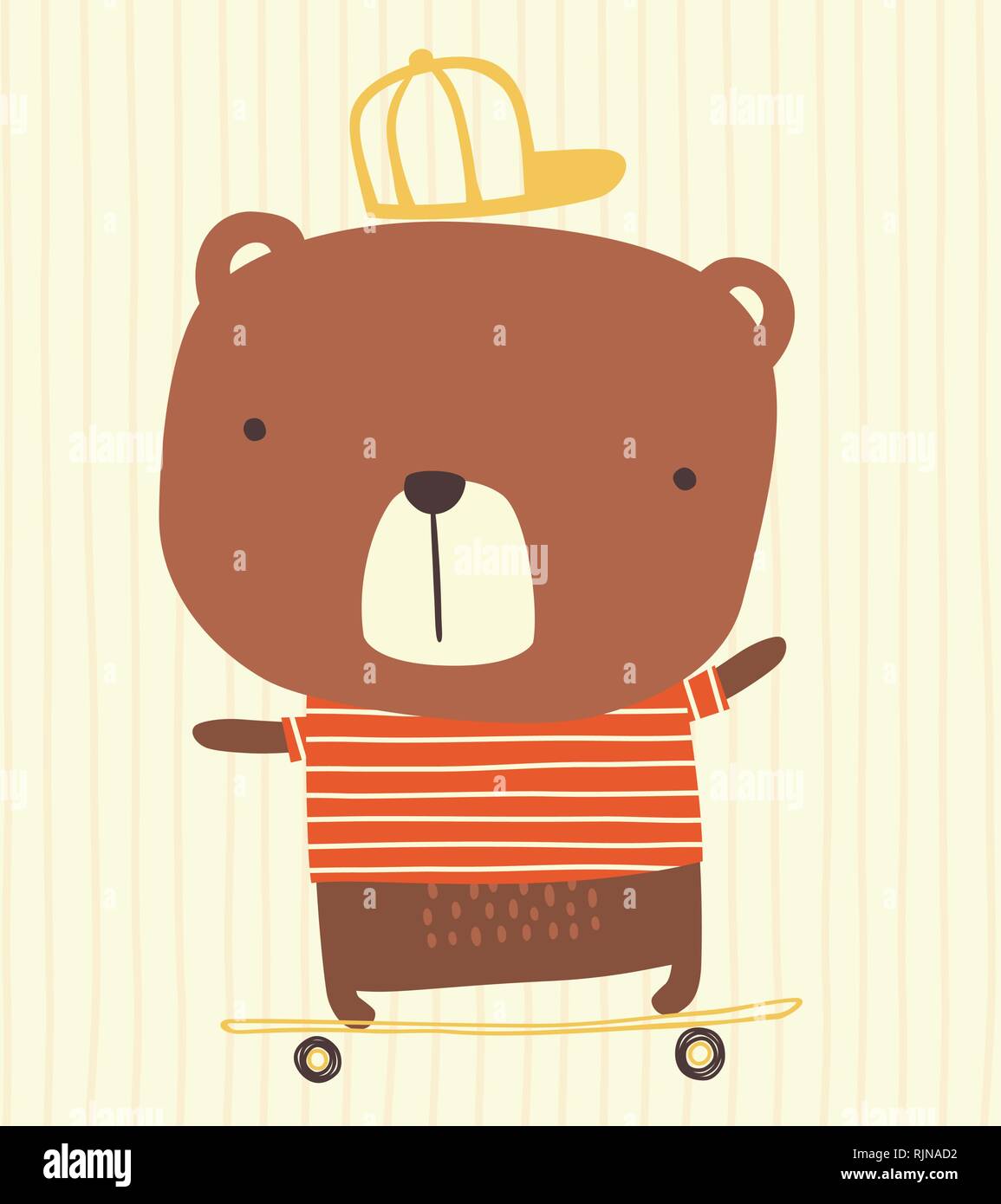 Cute Bear à l'aide de la circonscription une planche à roulettes sur fond à rayures. hand drawn illustration de style peut être utilisé pour la décoration des pépinières, des cartes de souhaits,fashion Illustration de Vecteur