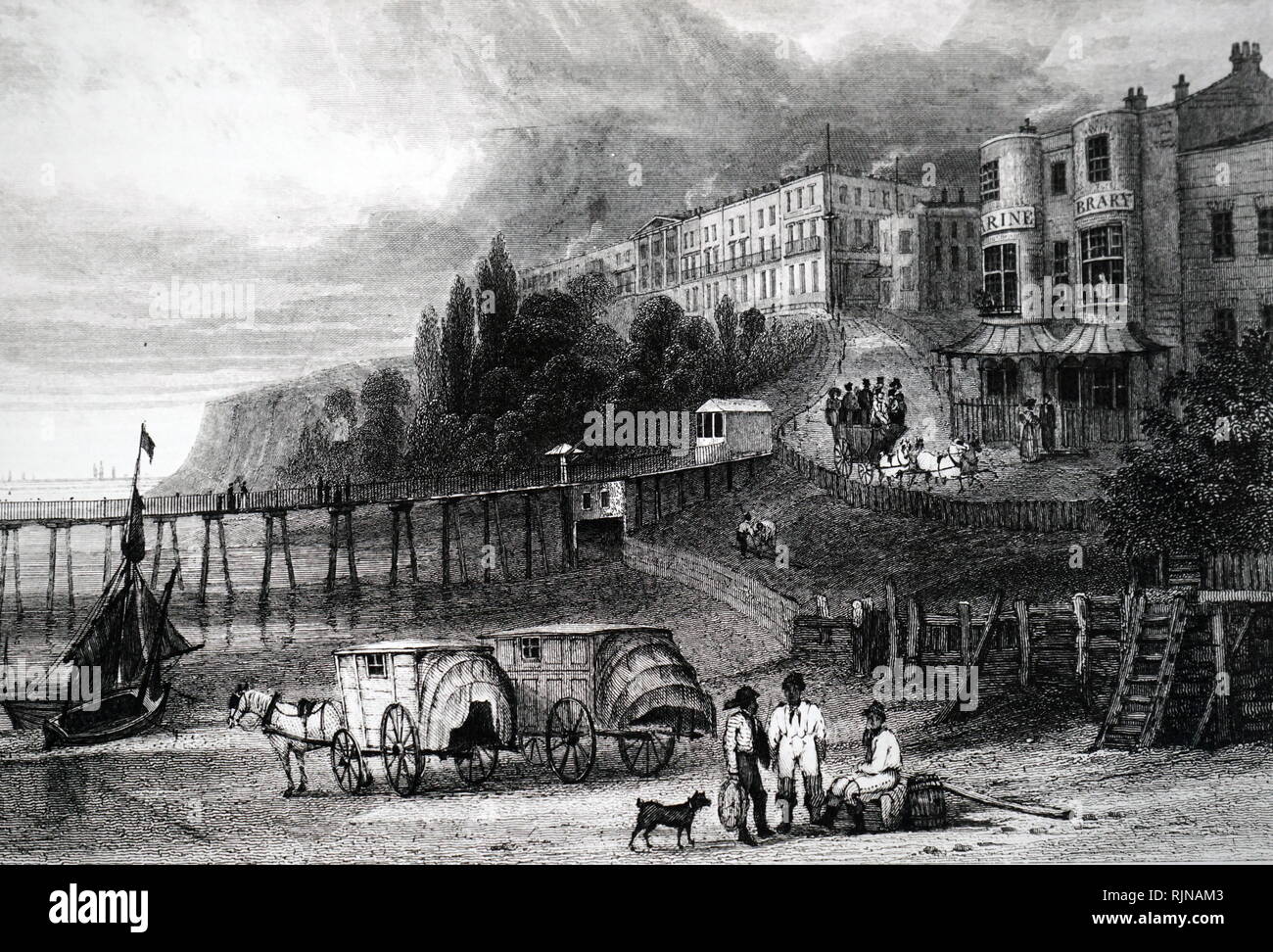 Une gravure représentant un aperçu de Southend, Essex, avec des machines de baignade sur la plage. En date du 19e siècle Banque D'Images Une gravure représentant un aperçu de Southend, Essex, avec des machines de baignade sur la plage. En date du 19e siècle Banque D'Images