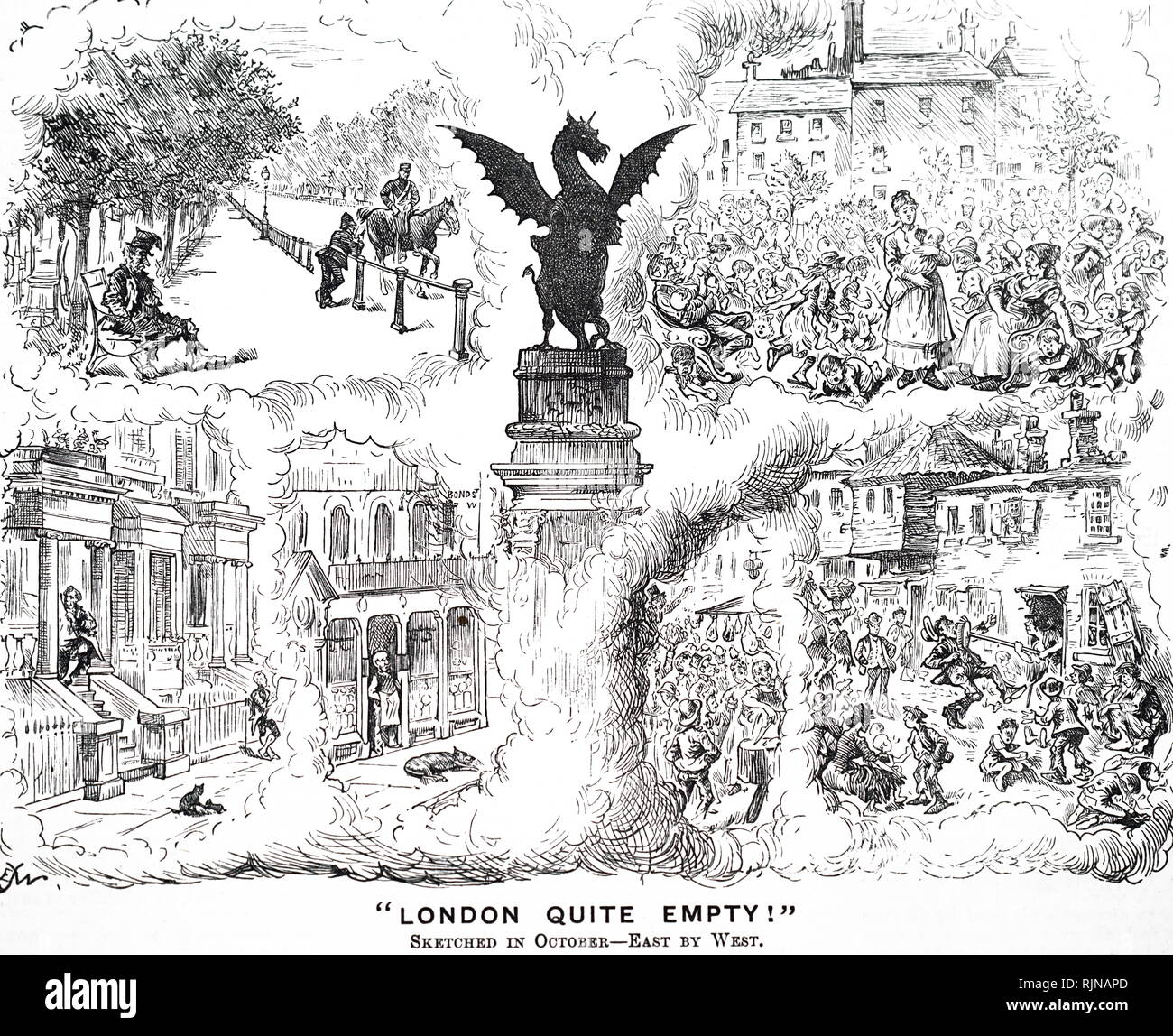 Commentant une caricature de l'East End et le West End de Londres, deux mondes différents. Les membres de la société à la mode à gauche pour le pays et l'ouest était déserte, tandis que l'extrémité est resté son habitude auto surpeuplés. En date du 19e siècle Banque D'Images Commentant une caricature de l'East End et le West End de Londres, deux mondes différents. Les membres de la société à la mode à gauche pour le pays et l'ouest était déserte, tandis que l'extrémité est resté son habitude auto surpeuplés. En date du 19e siècle Banque D'Images