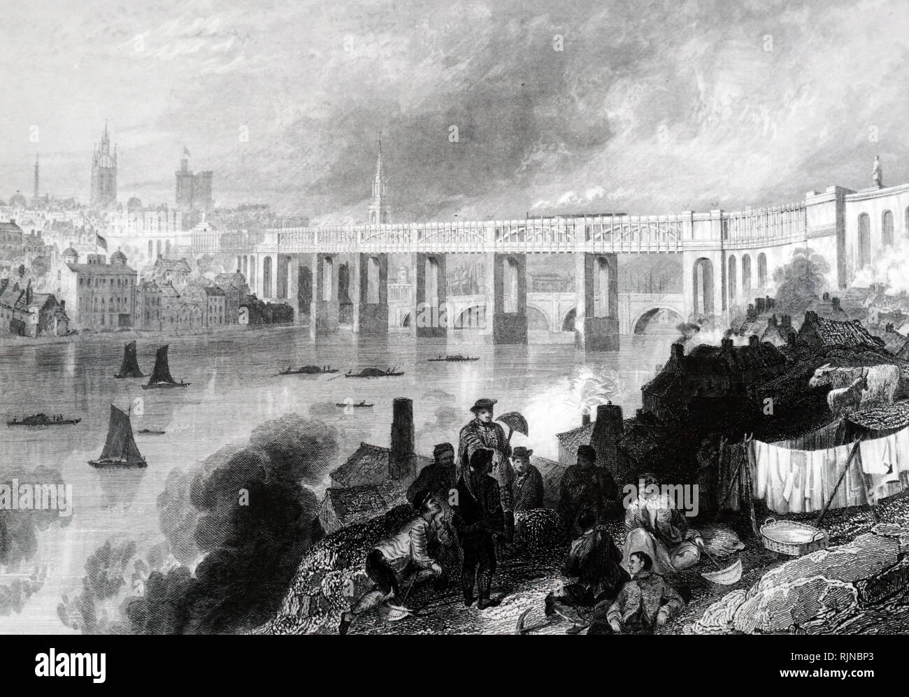 Gravure illustrant le haut niveau pont sur la Tyne à Newcastle construite par Robert Stephenson. En date du 19e siècle Banque D'Images