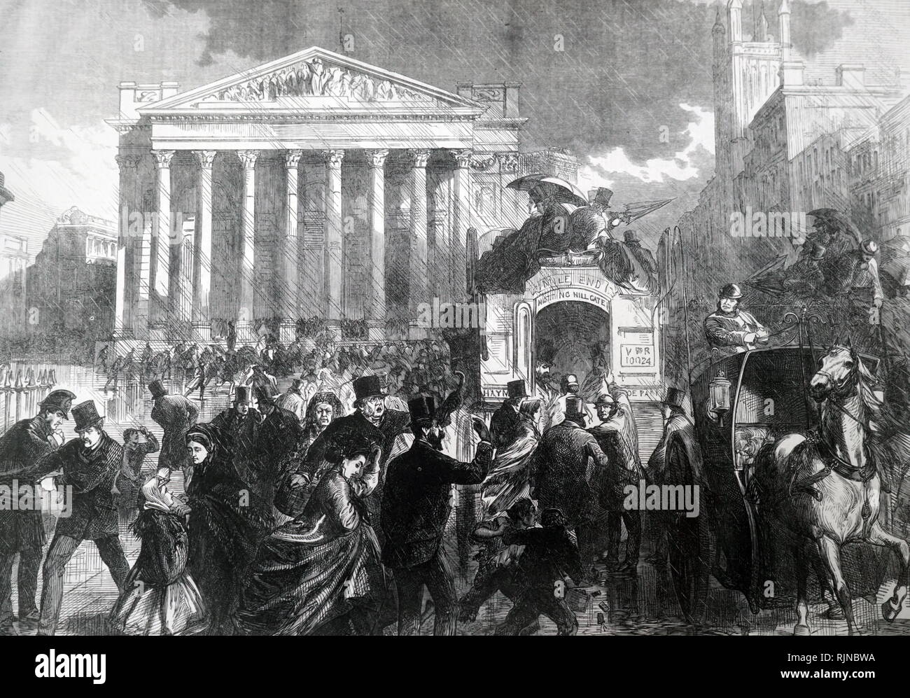 Une gravure illustrant les Londoniens se dépêchant à bord d'un bus à cheval dans une douche. En date du 19e siècle Banque D'Images
