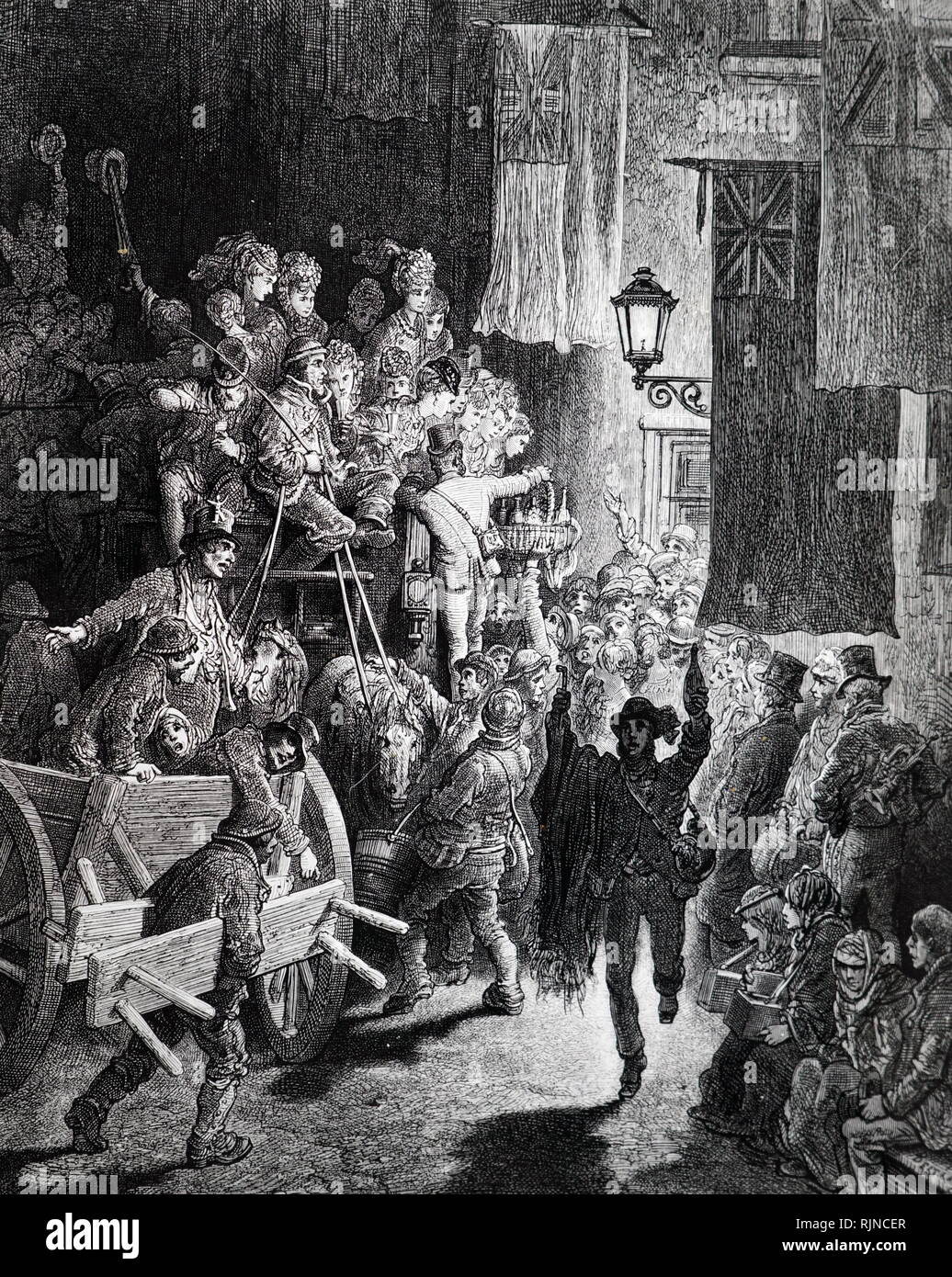 Une gravure illustrant les Londoniens au retour de le Derby à travers des rues éclairées par le gaz. En date du 19e siècle Banque D'Images