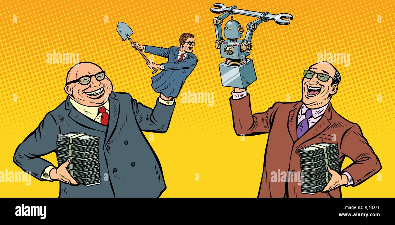 Les gens contre la guerre des robots pour le milieu de travail. La manipulation des politiciens Illustration de Vecteur