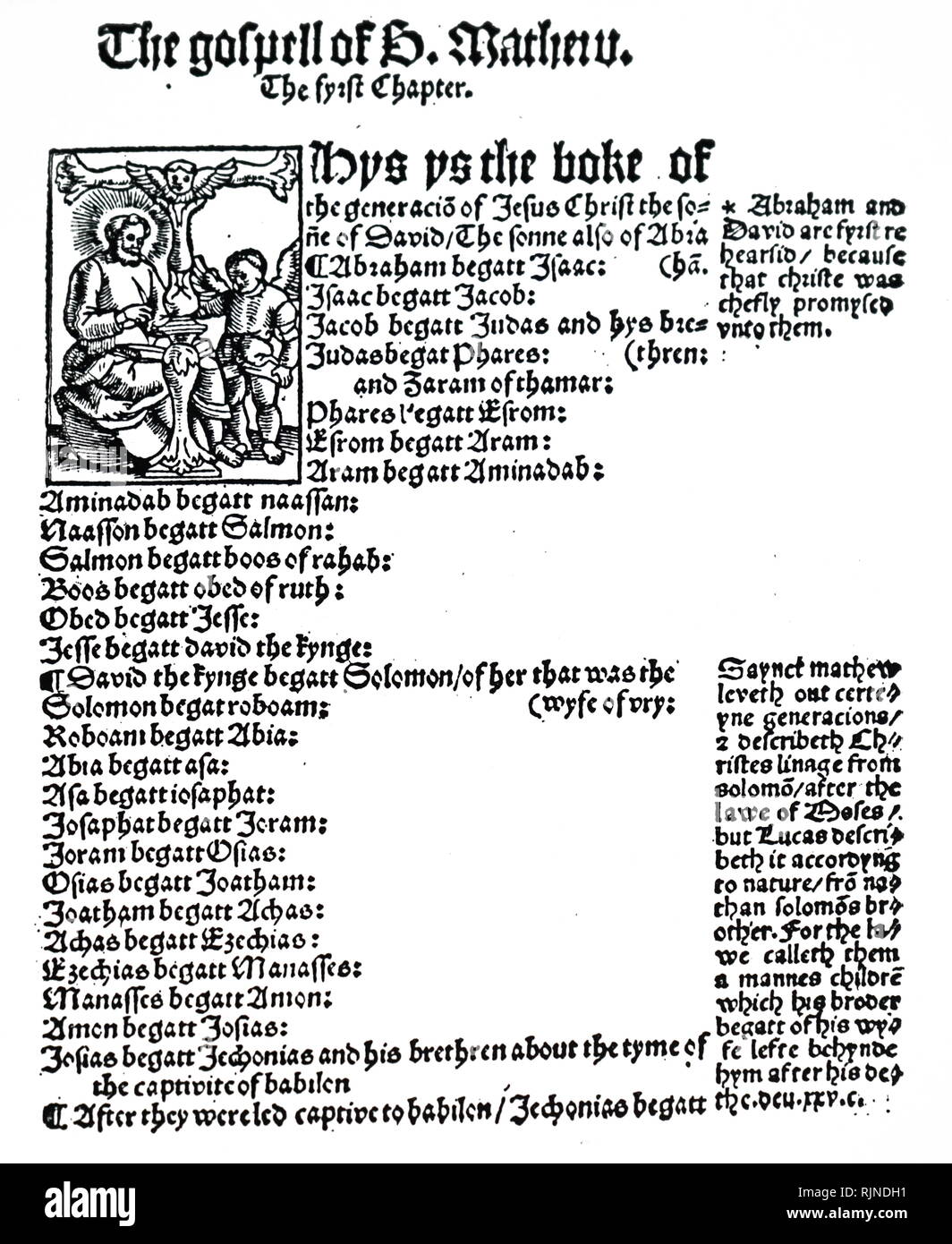 La première page de l'Évangile selon saint Matthieu du Nouveau Testament de Tyndale. En date du 16e siècle Banque D'Images