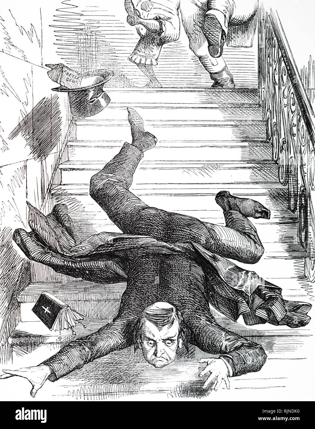 Une caricature représentant Edward Bouverie Pusey à coups de pieds dans les escaliers par John Bull et M. Punch. Edward Bouverie Pusey (1800-1882) leader du mouvement d'Oxford et ritualisme dans l'Église d'Angleterre. En date du 19e siècle Banque D'Images