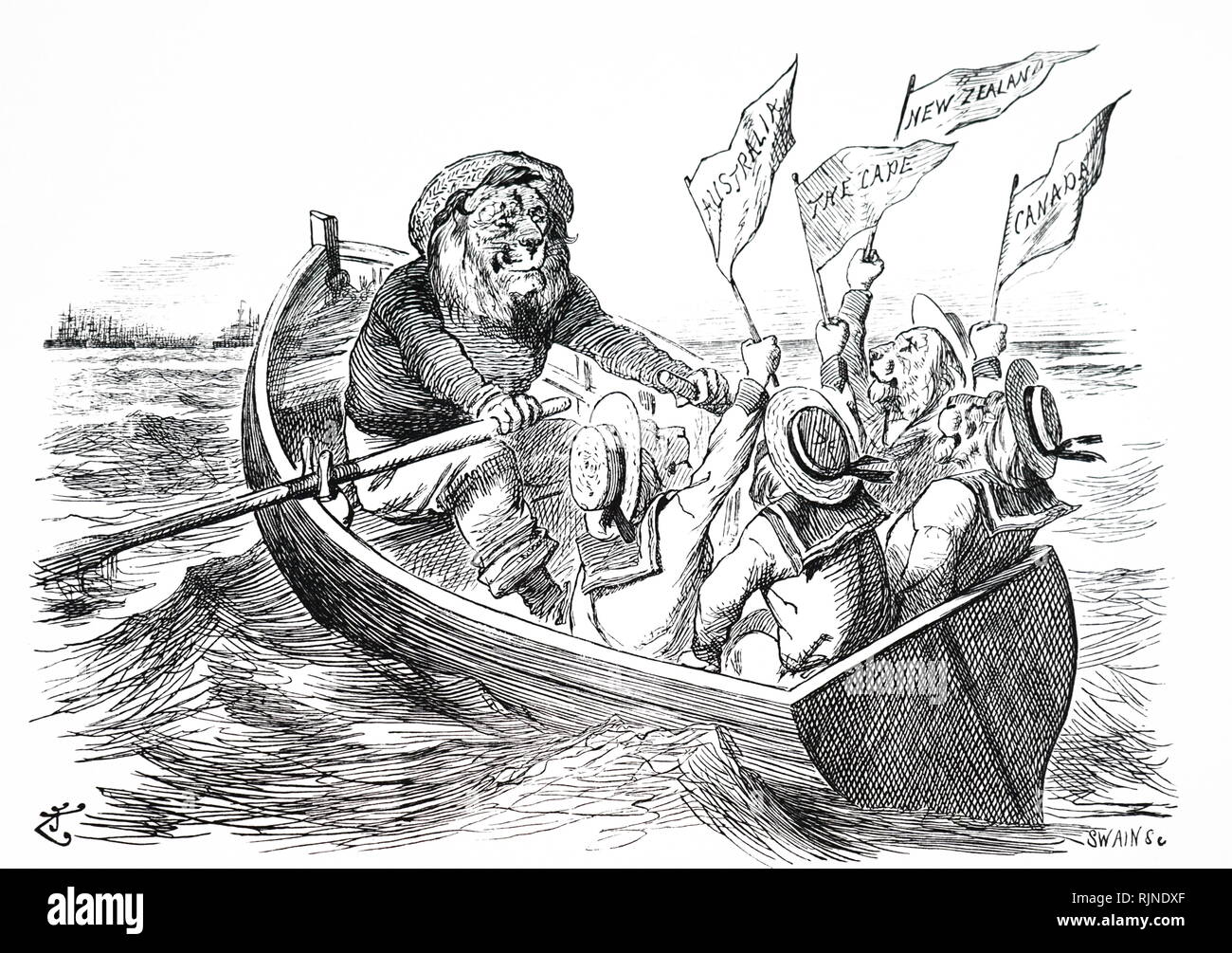 Une caricature représentant le lion britannique son aviron jeunes lions (les colonies) de la grande revue navale à Spithead dans le cadre des célébrations pour marquer les 60 ans de Victoria comme reine. Illustré par John Tenniel. Banque D'Images