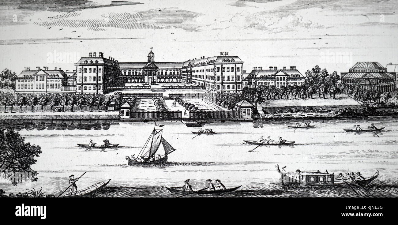 Une gravure sur bois représentant Chelsea College et la rotonde à Ranelagh Gardens vu de l'extrême bord de la Tamise. En date du 18e siècle Banque D'Images