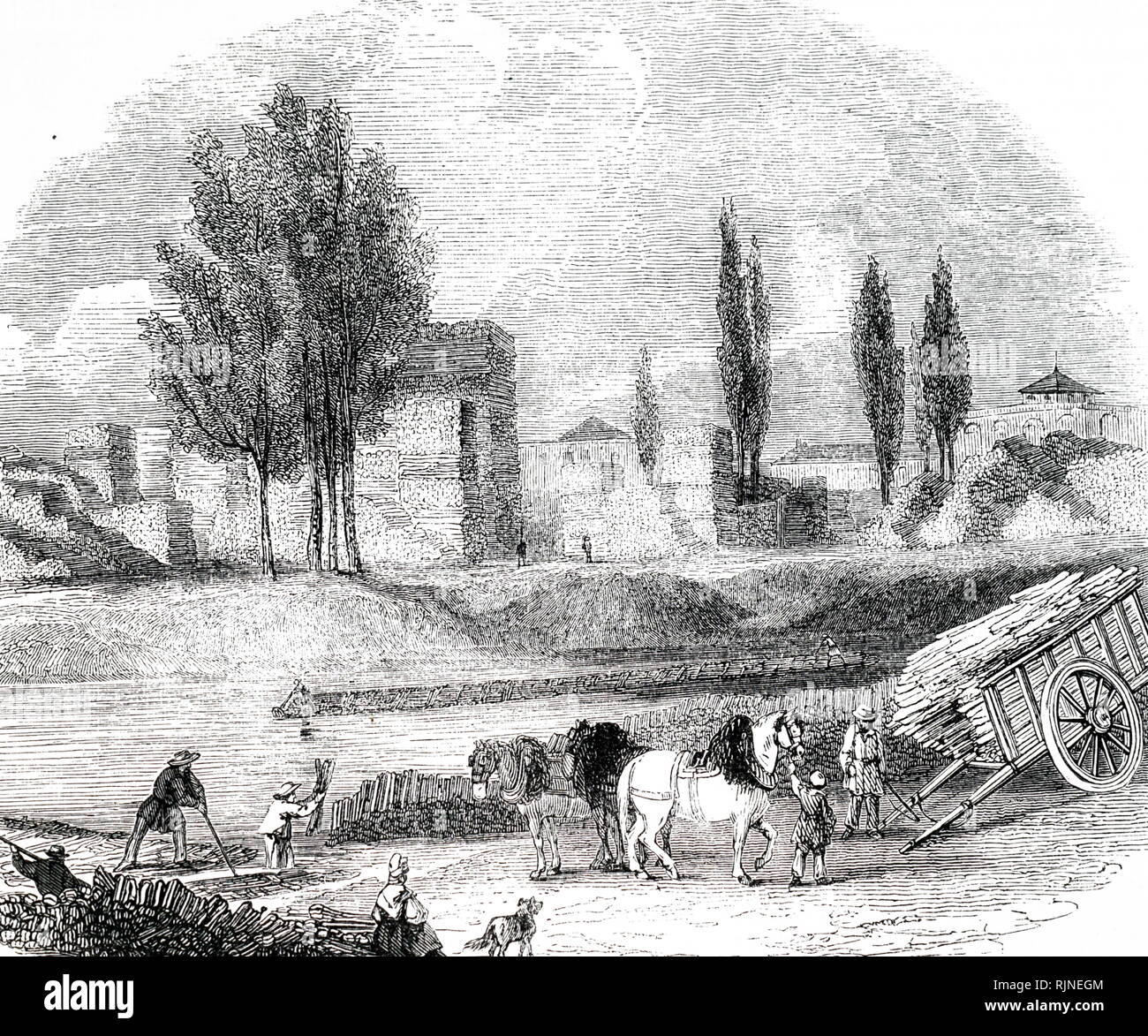 Une gravure représentant le dépôt de bois de chauffage sur la Seine, Paris. Banque D'Images