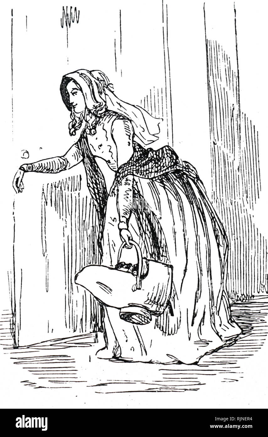 Illustration Becky Sharp, l 'héroïne' du roman, portant une boite de charbon. Banque D'Images