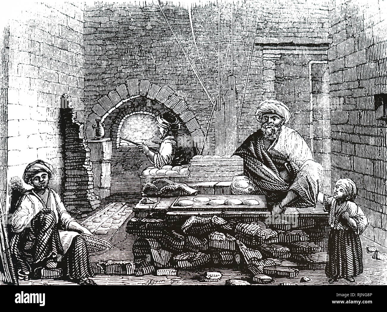 Une gravure représentant un boulanger dans une ville arabe. En date du 19e siècle Banque D'Images