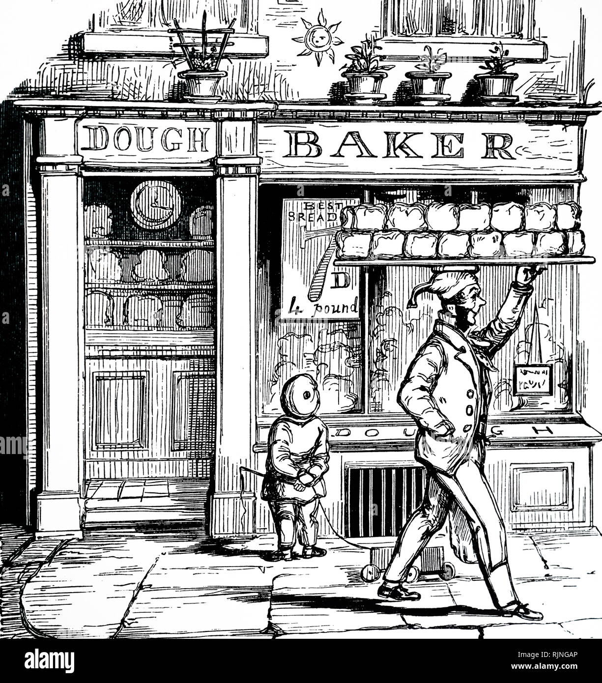 Une gravure représentant un baker portant un plateau de pains. En date du 19e siècle Banque D'Images