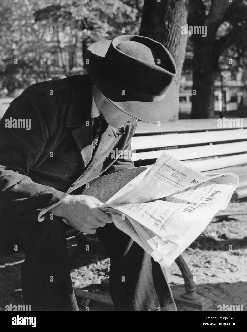 Hat la mode dans les années 1950. Un homme porte un type Fedora hat. Un bord souple et froissé généralement longitudinalement, et pincé près de l'avant des deux côtés. Il est assis sur un banc, lisant le journal. ref 2190 Banque D'Images