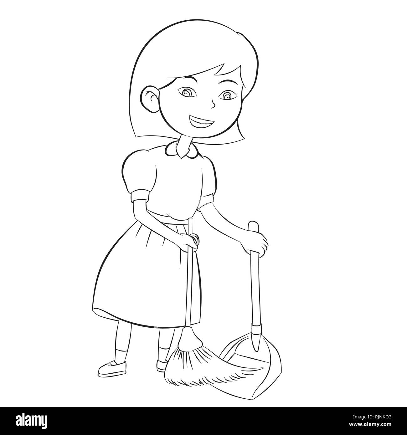 Bonne fille balayer avec un balai pour nettoyer la maison, Coloring Book design pour les enfants et les enfants. Illustration à la main Illustration de Vecteur