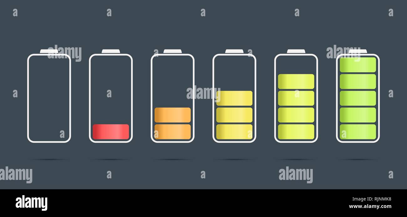 Déchargée entièrement chargées battaries, icônes vectorielles Illustration de Vecteur