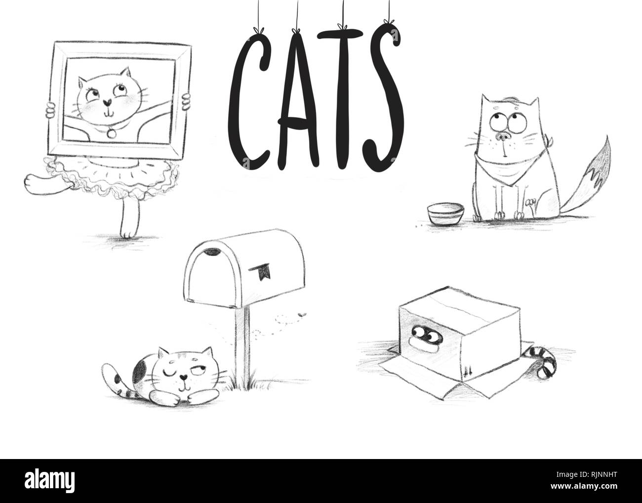 Croquis au crayon de cute cats dans différentes situations Banque D'Images