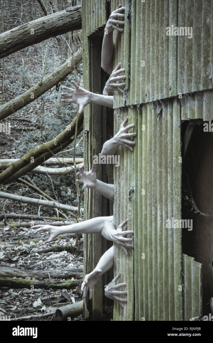 Un concept d'horreur d'une forêt d'hiver spooky avec zombie mains