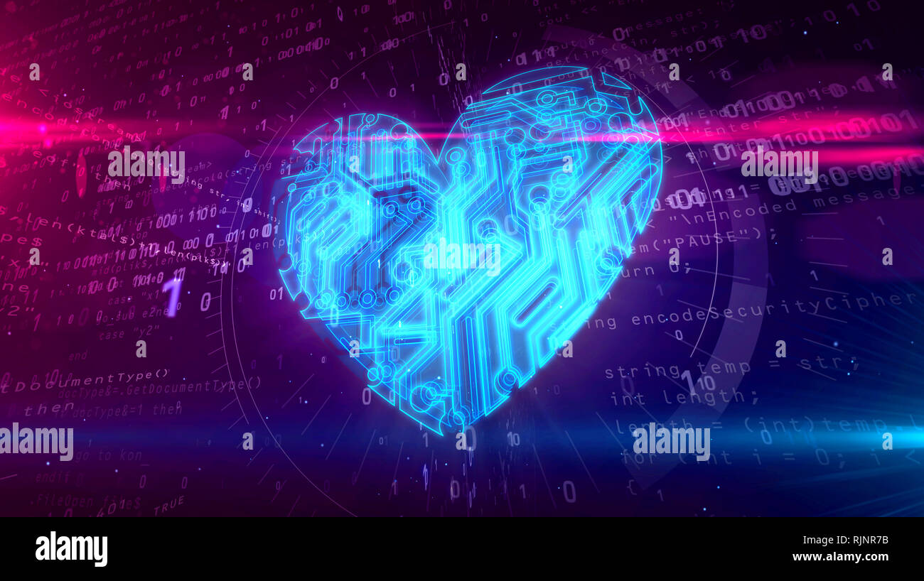 Cyber symbole coeur dans le cyberespace. Abstract 3D illustration de l'amour symbole sur fond numérique. Banque D'Images
