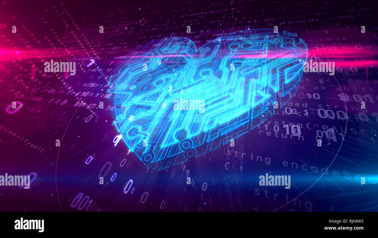 Cyber symbole coeur dans le cyberespace. Abstract 3D illustration de l'amour symbole sur fond numérique. Banque D'Images