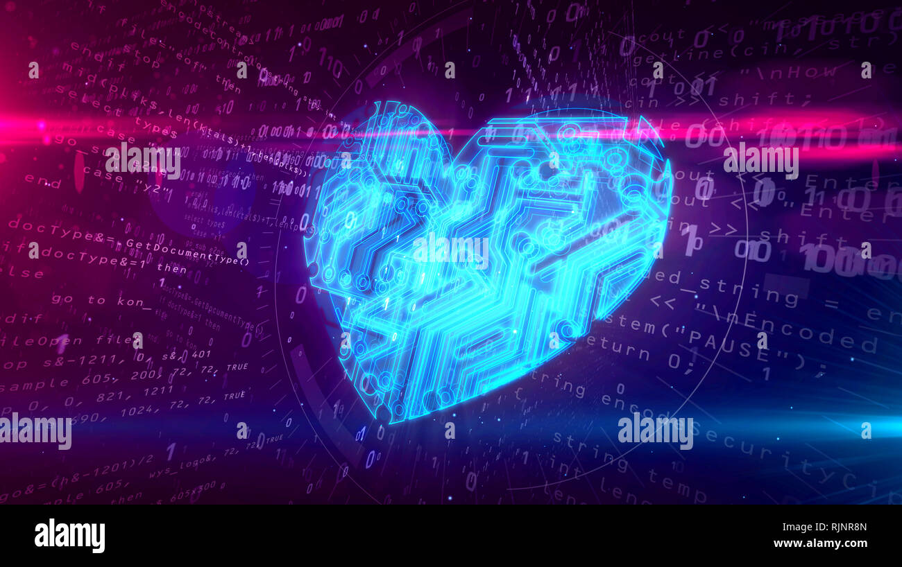 Cyber symbole coeur dans le cyberespace. Abstract 3D illustration de l'amour symbole sur fond numérique. Banque D'Images