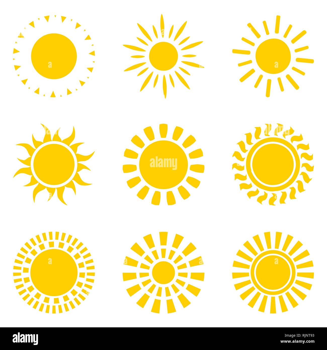 Ensemble de symboles icône soleil jaune isolated on white Illustration de Vecteur
