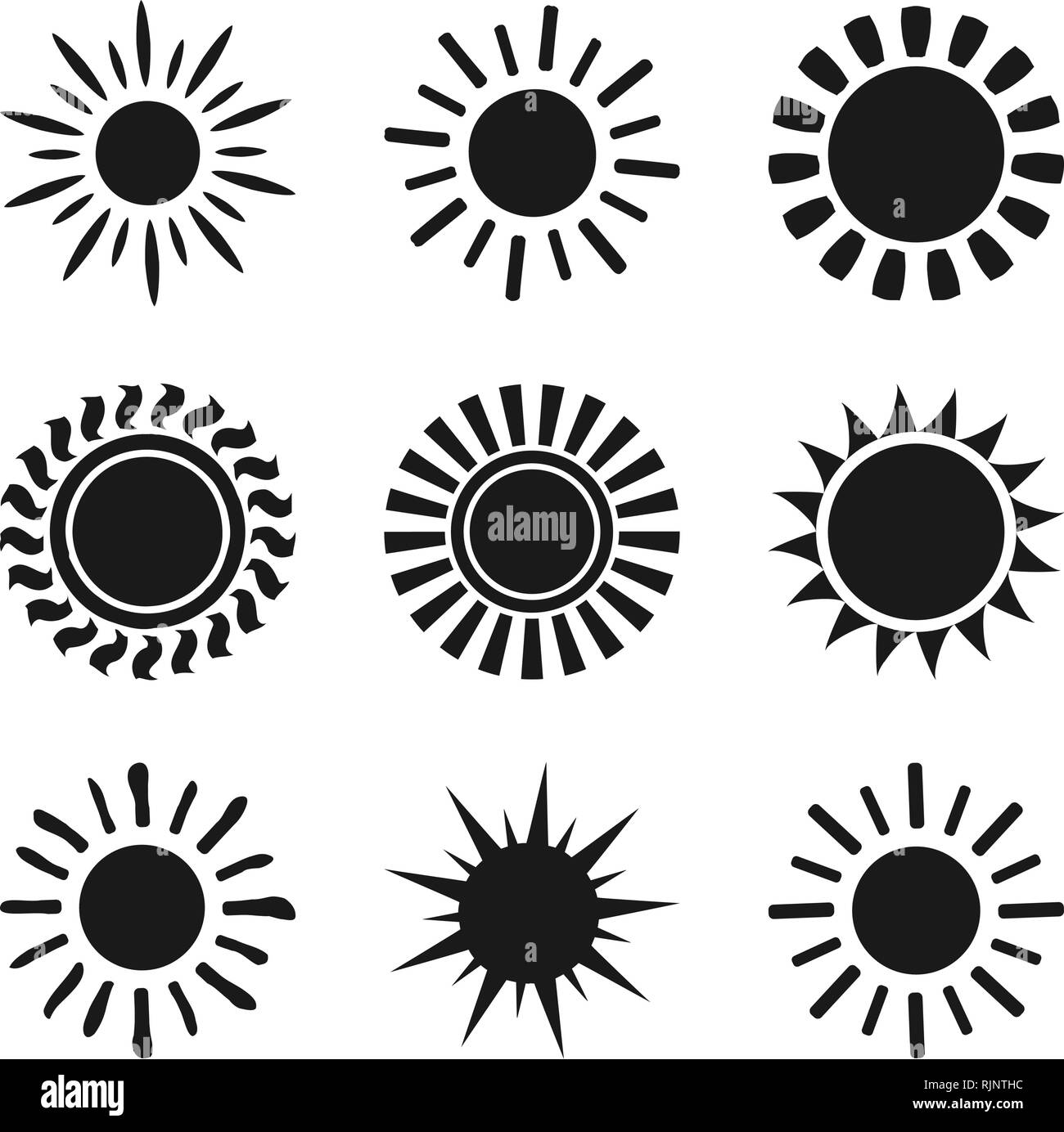 Ensemble de symboles icône soleil noir isolated on white Illustration de Vecteur