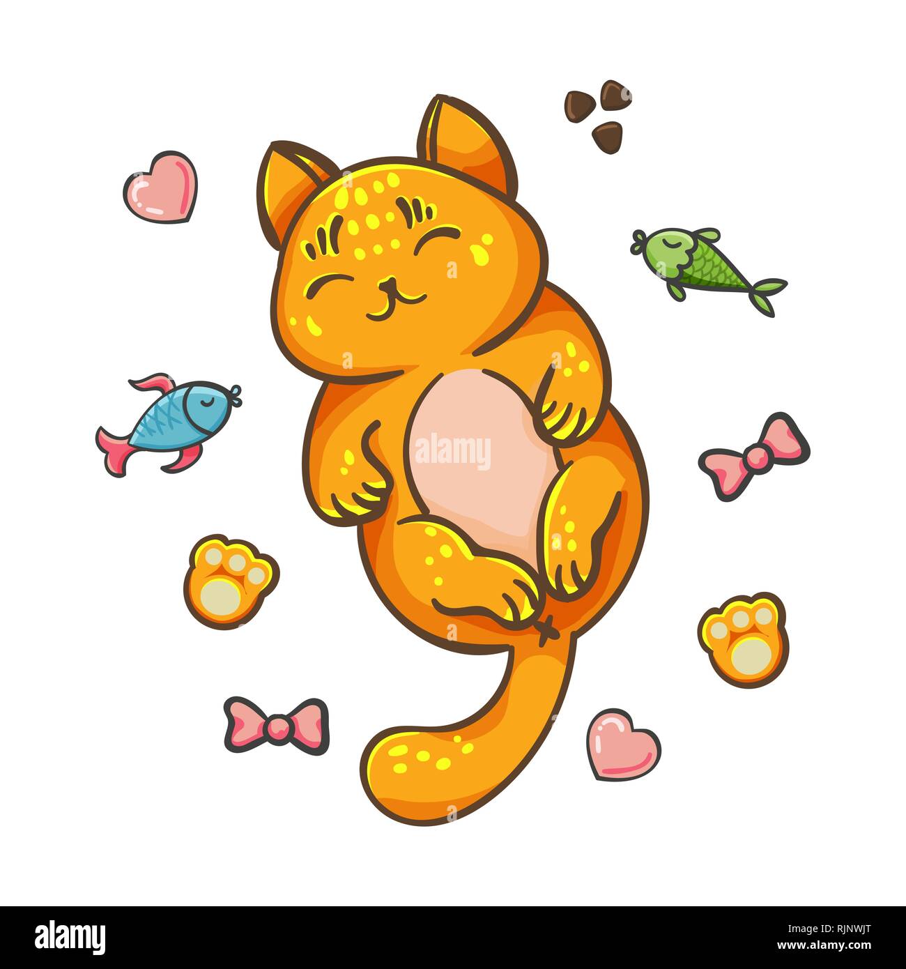 Vector chat dans style de ligne. Chat mignon se trouve et les rêves de gourmandise dans cartoon style isolé sur fond blanc. illustration pour kids fashion, kit drôle Illustration de Vecteur