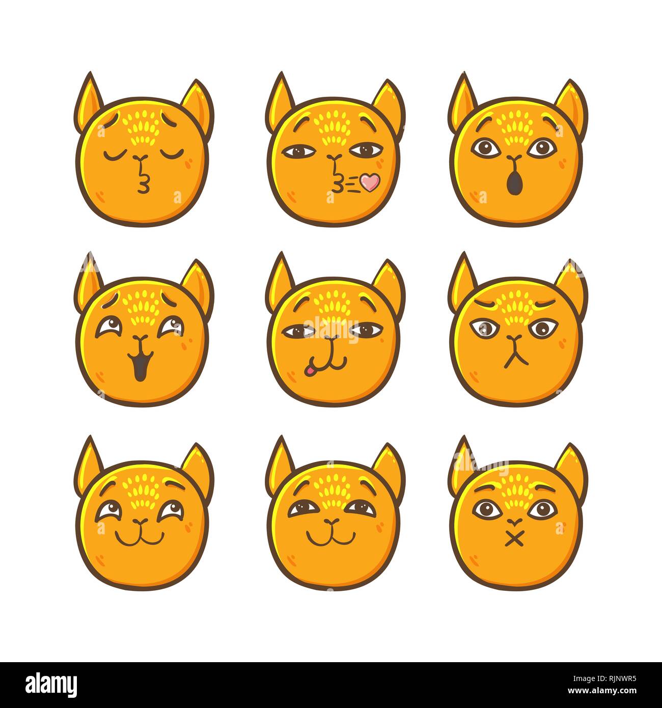 Jeu de chat vecteur des émoticônes dans un style de ligne. Chat mignon dans le style dessin animé emoji. Emoji plat isolé sur fond blanc. Collection d'Émoticônes pour chat. Ve Illustration de Vecteur