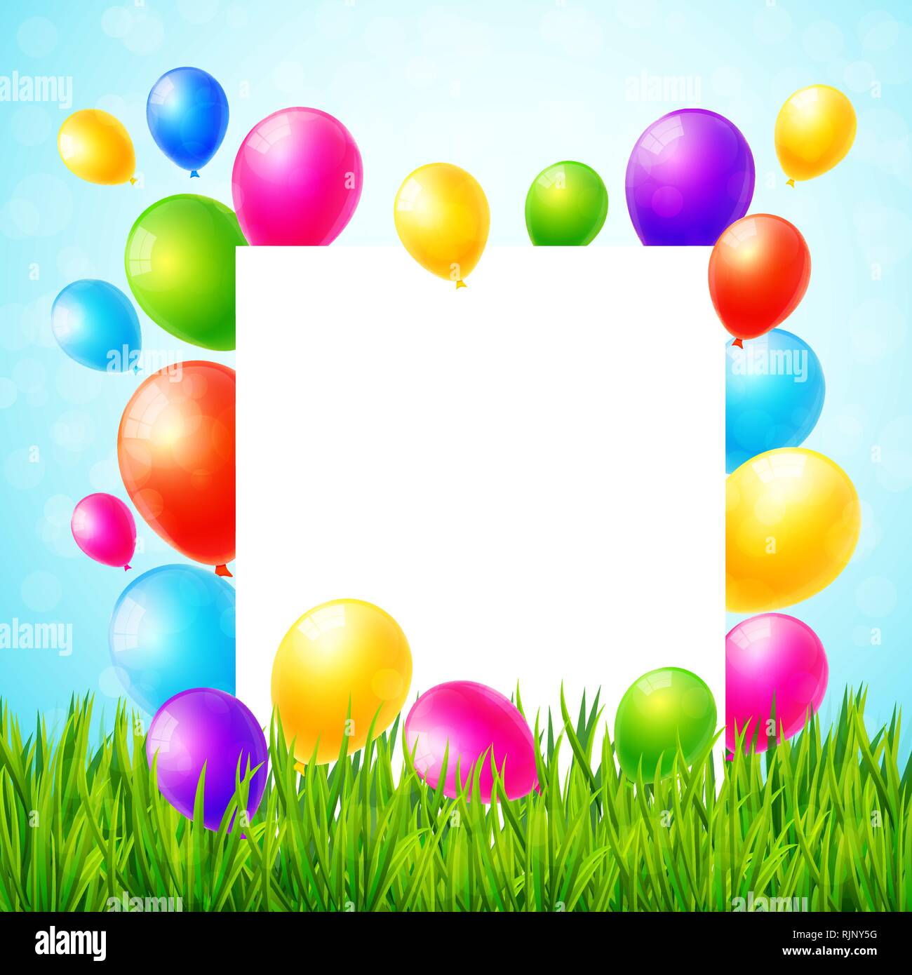 Carte de souhaits avec feuille de papier et de ballons colorés on Green grass vector Illustration de Vecteur