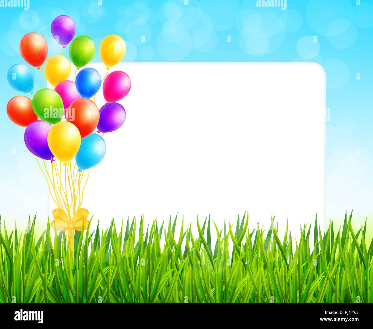 Carte de souhaits avec feuille de papier et de ballons colorés on Green grass vector Illustration de Vecteur