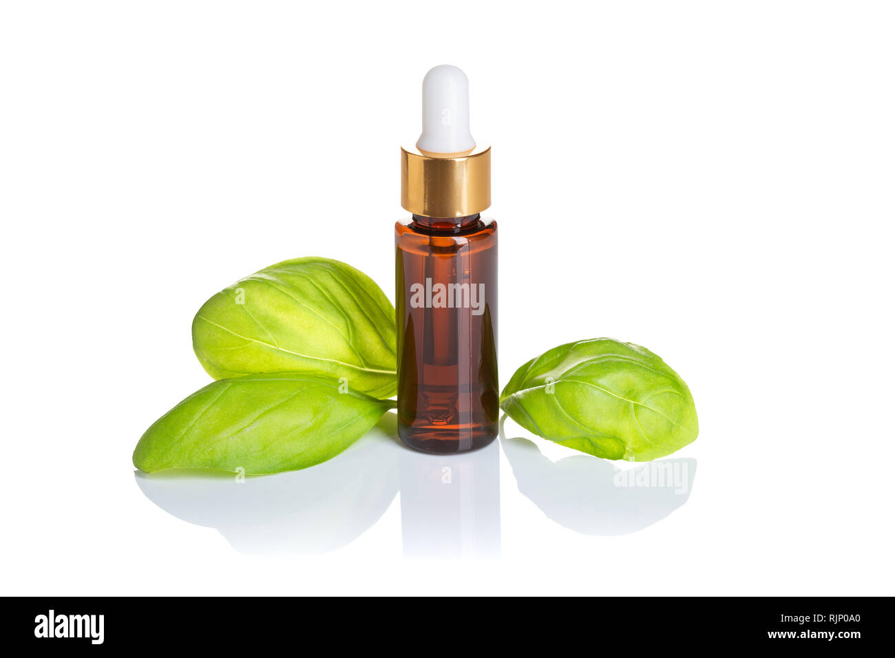 Huile essentielle Basilic flacon avec compte-gouttes isolé sur fond blanc. L'huile de basilic pour soins de la peau, spa, bien-être, massage, aromathérapie et naturel medici Banque D'Images