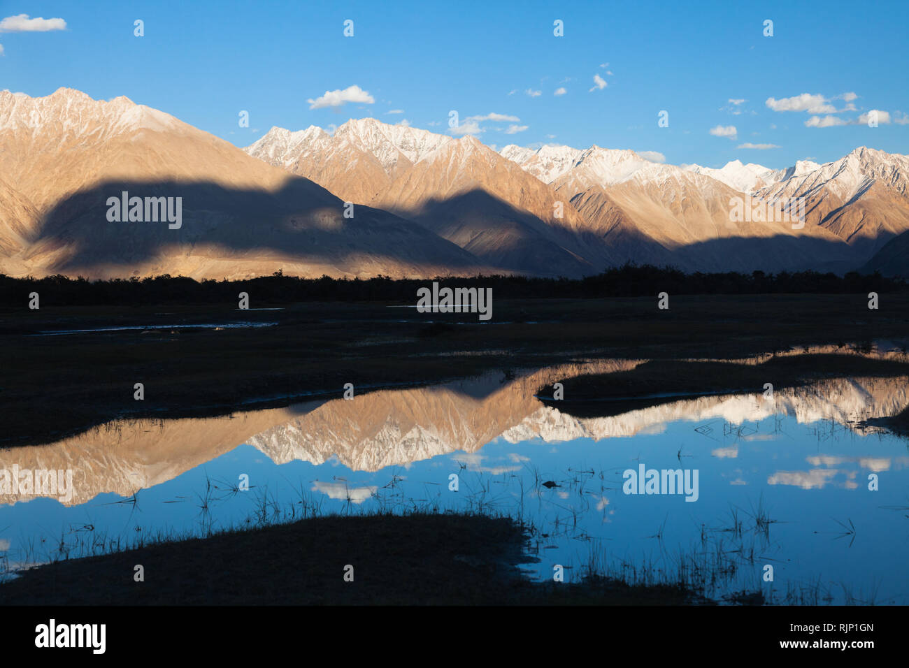 Beau paysage avec un peu des montagnes enneigées reflétant dans l'eau, domaine de la vallée de Nubra, Dogs, le Ladakh, le Jammu-et-Cachemire, l'Inde Banque D'Images