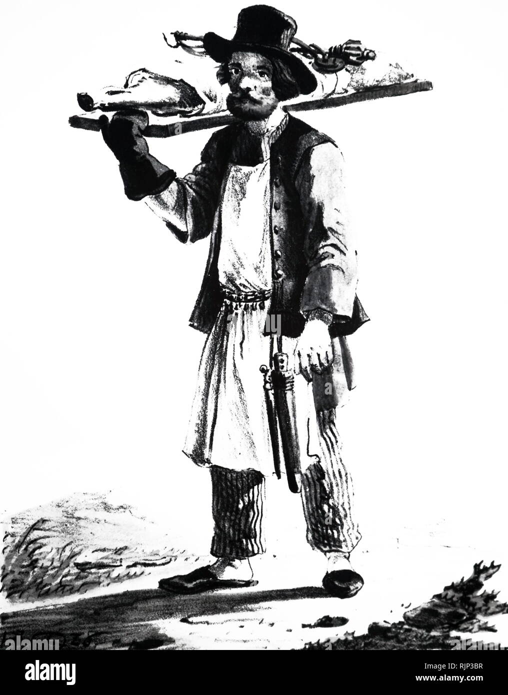 Une gravure représentant un boucher de Saint-Pétersbourg, avec de la viande et des écailles à bord et le couteau avec de l'acier accrochée à la taille. En date du 19e siècle Banque D'Images