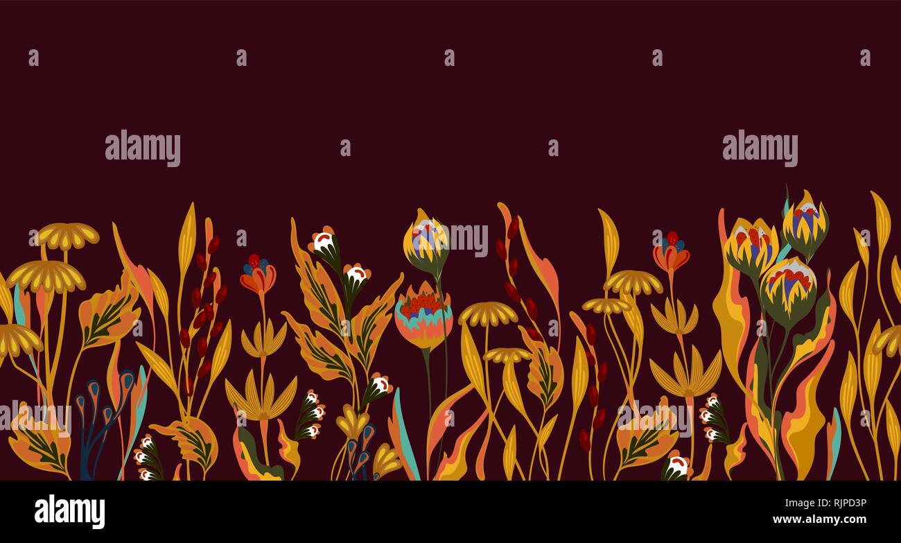 Floral vectoriel continu frontière avec à la main les herbes et fleurs. Sans fin avec motif fleur. Seamless Floral frontière avec fleurs illustration Illustration de Vecteur