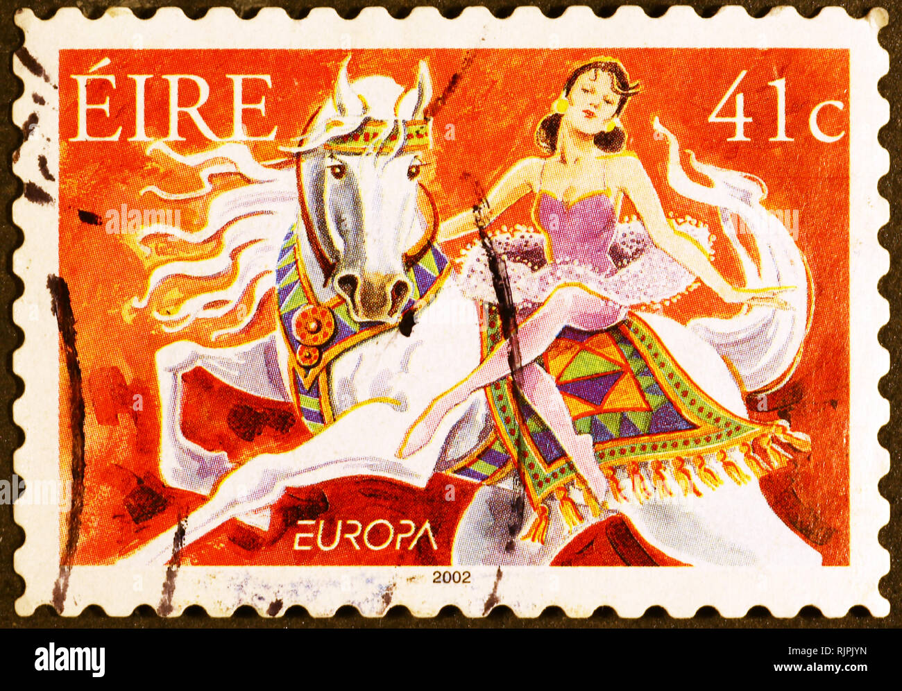 Cavalière du cirque sur timbre irlandais Banque D'Images