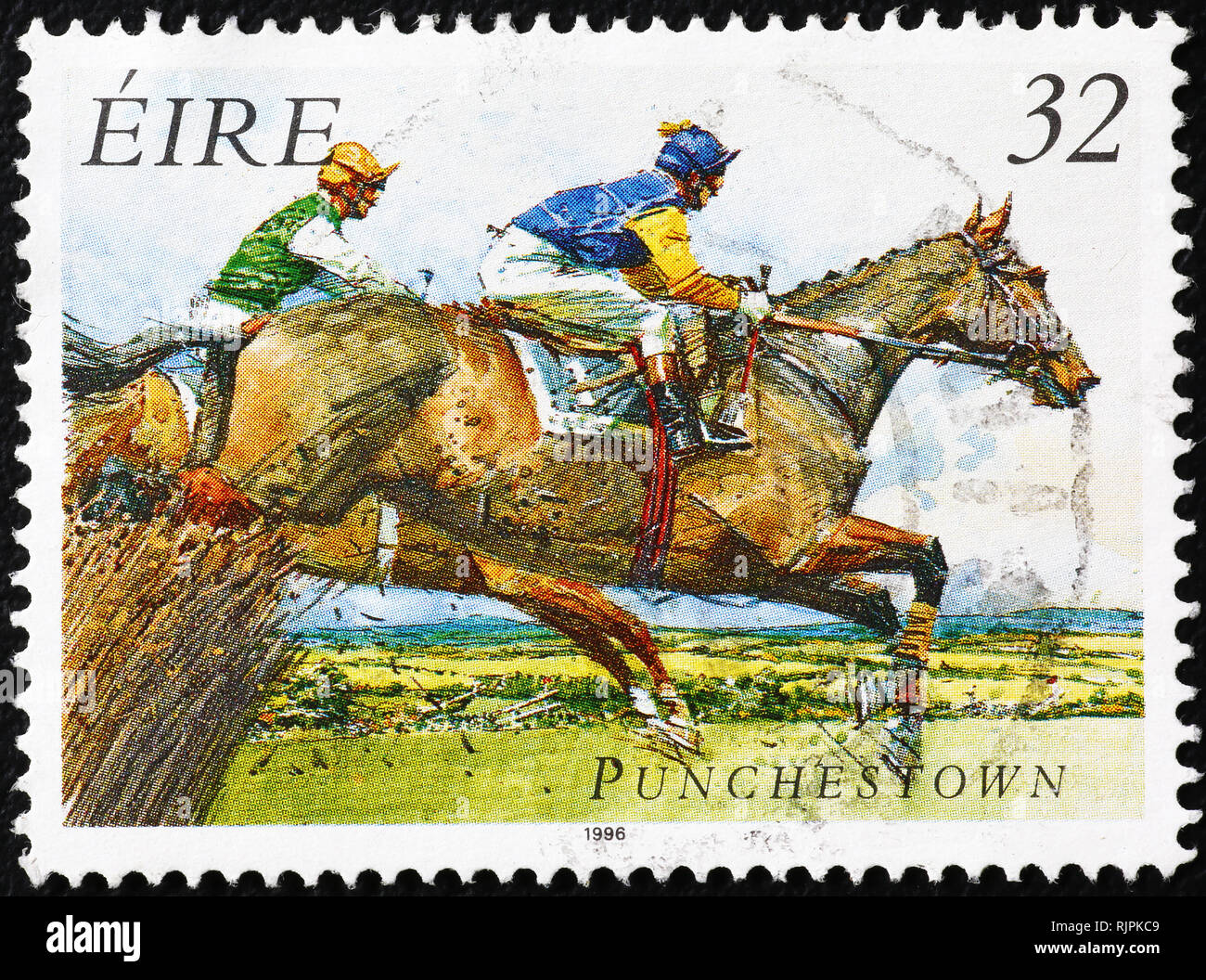Course de chevaux sur timbre irlandais Banque D'Images