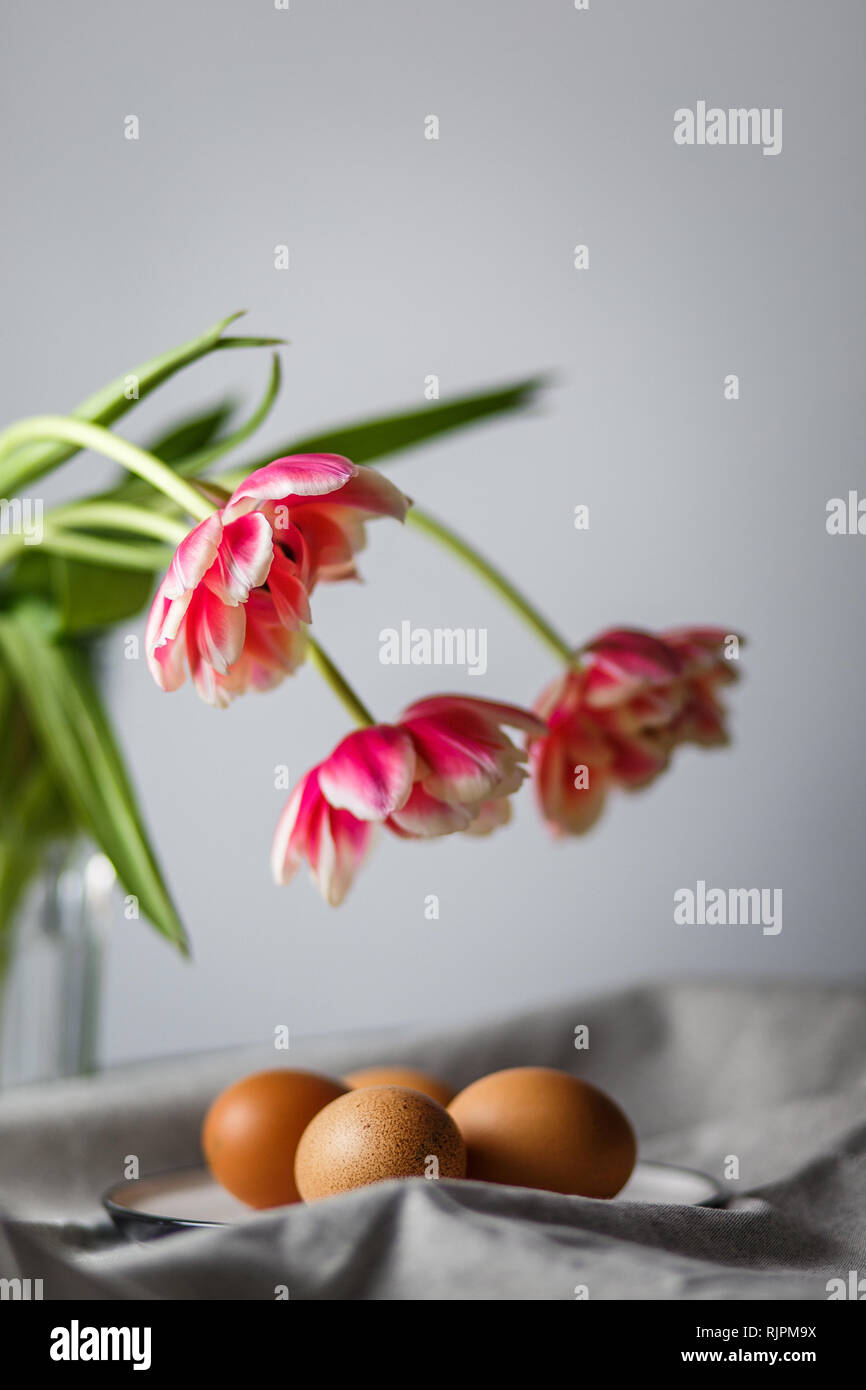 Les oeufs bouillis brown sur une assiette, à côté les tulipes dans une tasse en verre transparent sur fond gris dans une lumière et dans soft focus Banque D'Images