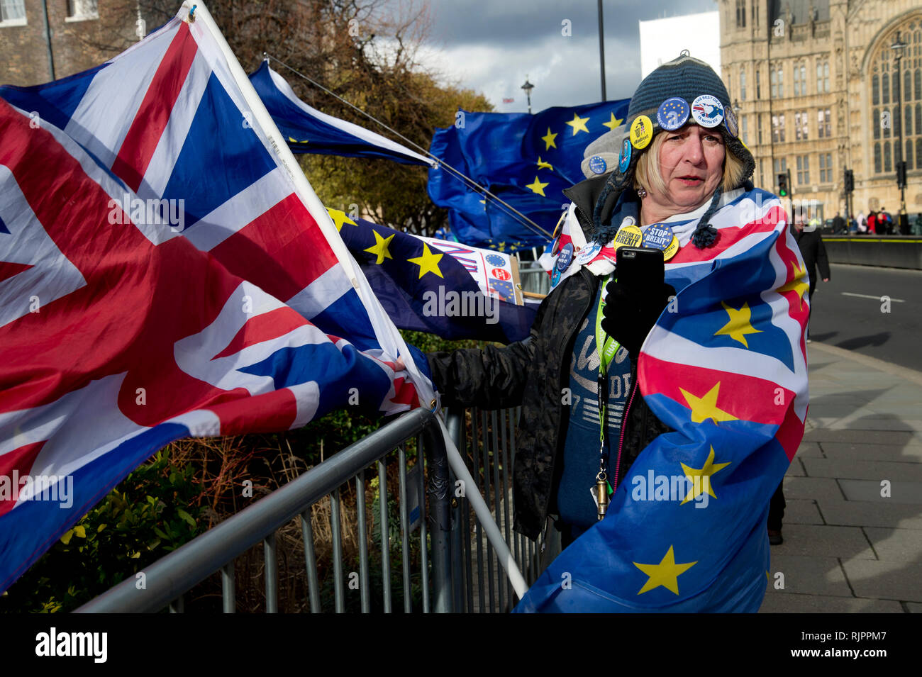 London.Westminster. Le 7 février 2019. Une femme enveloppée dans un drapeau, la moitié moitié, Union Jack drapeau européen proteste contre de quitter l'Union européenne. Banque D'Images