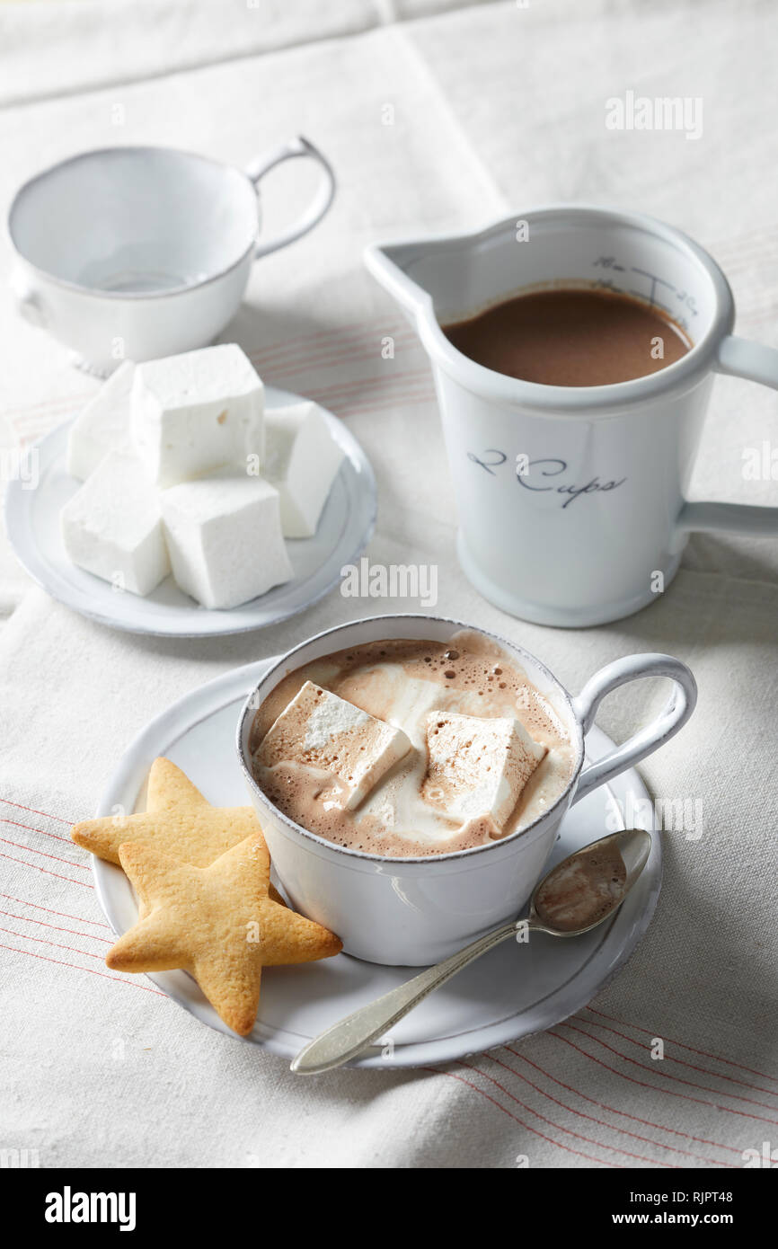 Chocolat chaud avec des guimauves et star cookies Banque D'Images