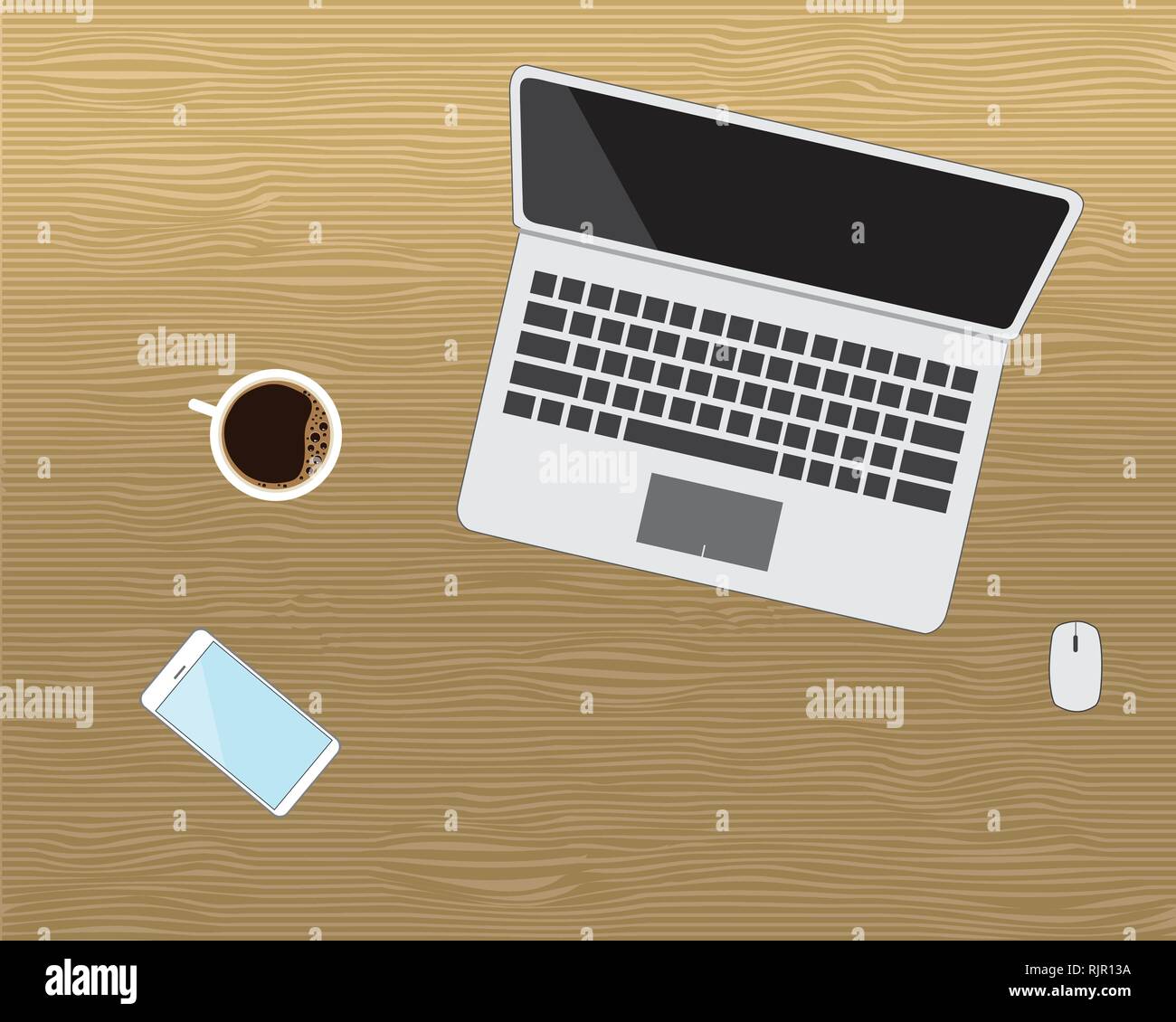 Ordinateur portable avec un smartphone et une tasse de café sur un bureau en bois Illustration de Vecteur