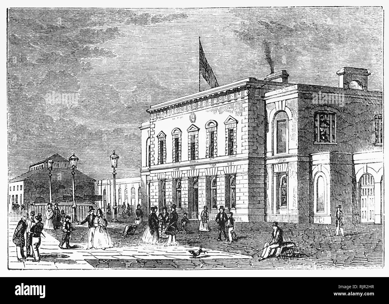 Est une gare ferroviaire de Blackwall à flancs noirs, Londres, qui a servi de l'extrémité est du chemin de fer Commercial (plus tard le London et chemin de fer). Blackwall. Il était situé sur le côté sud de l'East India Docks, sur la Tamise, en ligne à partir de l'extrémité ouest à Fenchurch Street. La station a été conçu par l'architecte William Tite dans un style à l'italienne et s'est ouverte le 6 juillet 1840 avec les services d'une connexion avec un service de traversiers à Gravesend, Kent. Banque D'Images