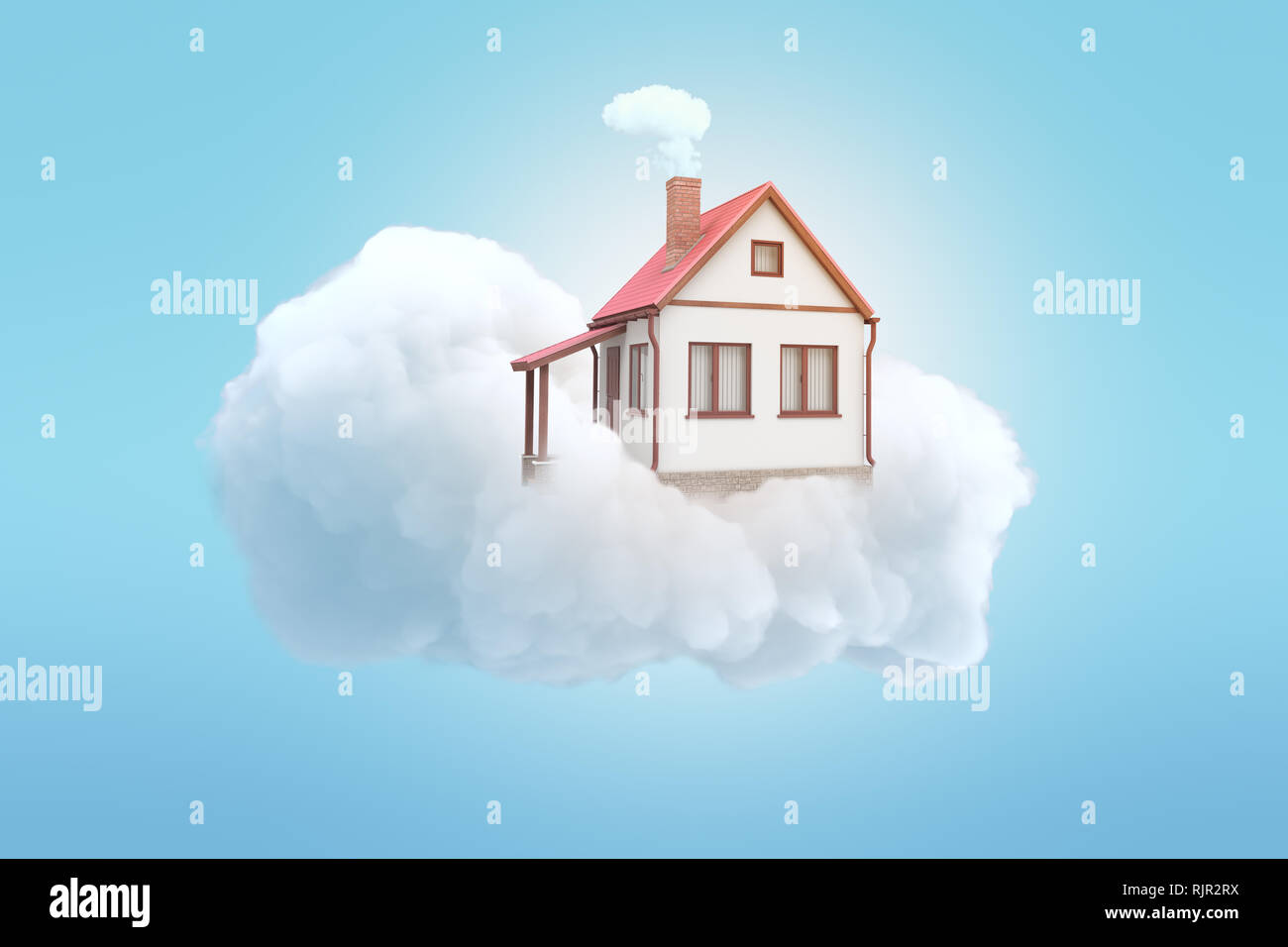 Le rendu 3D de maison privée blanc sur le dessus de nuage blanc avec fond bleu Banque D'Images