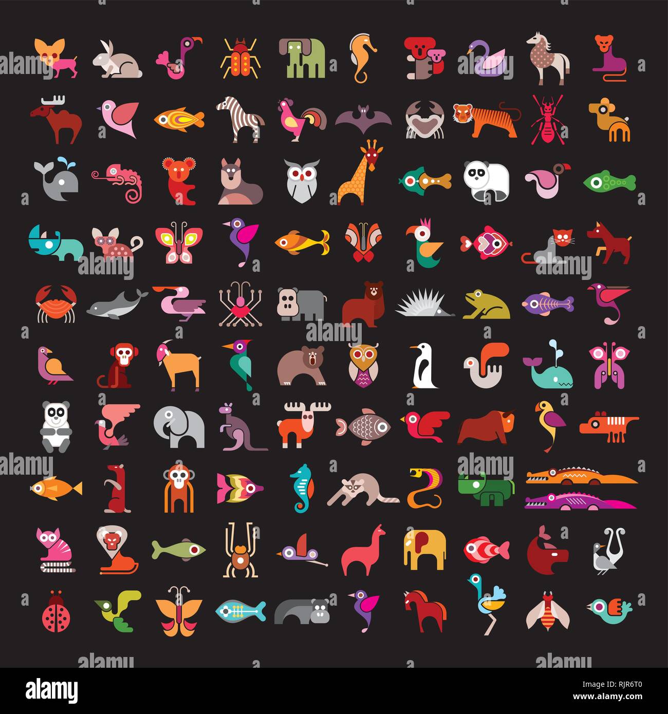 Grand Animal vector icon set. Différentes images colorées isolé sur fond noir. L'icône de l'animal peut être utilisé comme logo. Illustration de Vecteur