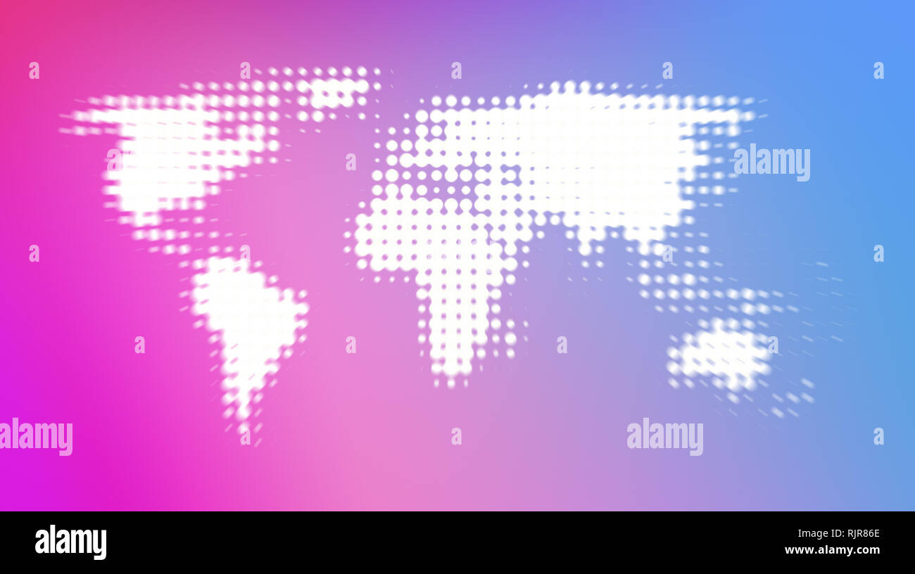 Carte du monde en pointillé blanc abstrait avec zoom radial blur sur le doux et coloré floue rose, violet et bleu fond dégradé. Banque D'Images