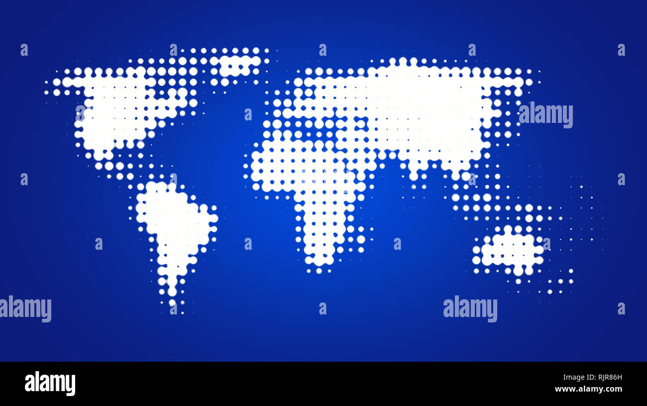 Résumé en pointillé blanc carte du monde sur un fond dégradé bleu et floue. Banque D'Images